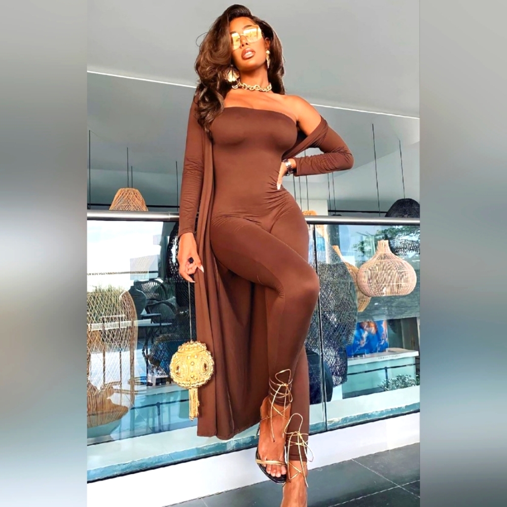 (NEW) Women's Brown 2 piece Jumpsuit Set with Belt Size Medium